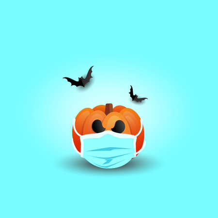 Covid 19 Pandemic Halloween Pumpkin in a medical protective mask and flying bats on a blue backgroundのイラスト素材