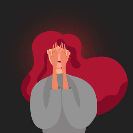 Sad lonely woman in depression crying covering her face with her hands. Depressed teenager withdrawn into himselfのイラスト素材