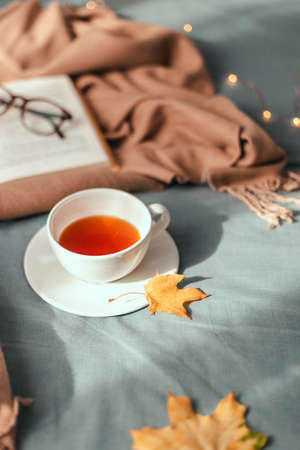 Hot cup of tea with autumn leaves and light garland decor, book and glasses on gray plaid in bed. Comfort and relaxation concept, vertical photo orientationの写真素材