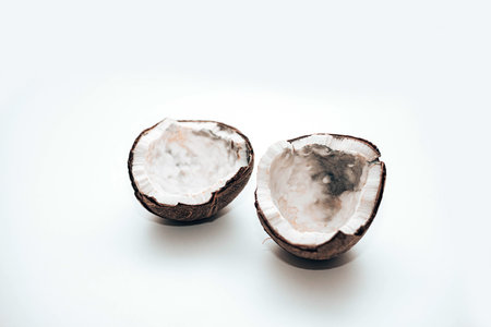 Two halves of coconut spoiled by mold isolated on white background, flat lay. Ugly food.