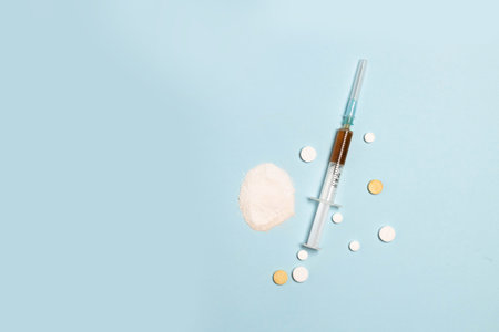 International day against drug abuse. Medical preparations powder or capsules of different colors,...