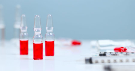 Red glass ampoule with medicine or vaccine against measles, rubella, flu or coronavirus and syringes...