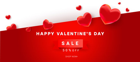 Bright heart air shapes decor on red white background with discount text. Trendy horizontal banner for valentine dayのイラスト素材