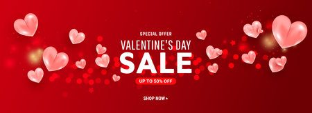 Valentine day sale template banner with air 3d balloon heart shapes on red background. Vector illustrationのイラスト素材