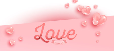 Love text in paper style with realistic air heart shaped balloons flying on pink background. Valentines vector banner design.のイラスト素材