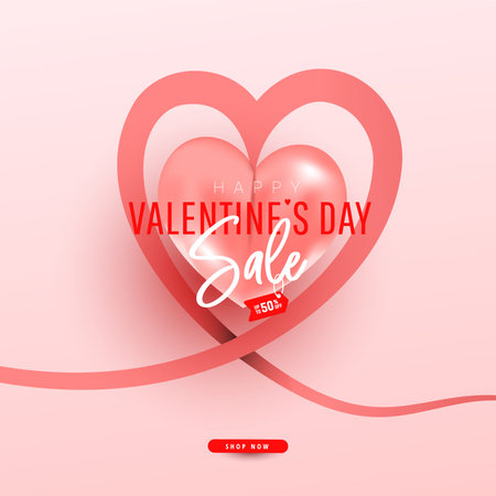 Pastel pink composition with line ribbon, air heart shaped element and text banner template. Poster, holiday flyer, stylish brochure, cardのイラスト素材