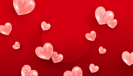 Valentine day sale background with pink hearts and red circle frame on red background. Vector illustration. Trendy minimal styleのイラスト素材