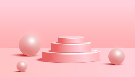 Cylinder podium with wave shape and volumetric bubble on pink background. Minimal scene with geometrical forms for product presentation. Vector illustrationのイラスト素材