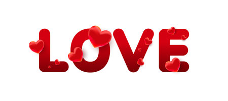 Love text with 3d red sweet heart shapes on a white background. Greeting card, bannerのイラスト素材