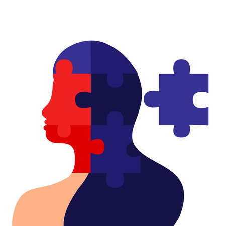Mental health concept. Female silhouette with puzzle pieces isolated on a white backgroundのイラスト素材
