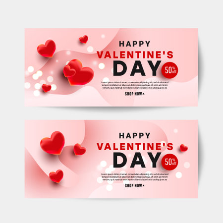 Realistc Valentine day vector design card set with hearts 50 percent discount text on pink background for website, invitation, postcard and stickerのイラスト素材
