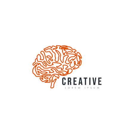 Orange brain vector icon illustration isolated on white background. Innovation symbol, idea, thoughts, thinking, solution, education conceptのイラスト素材