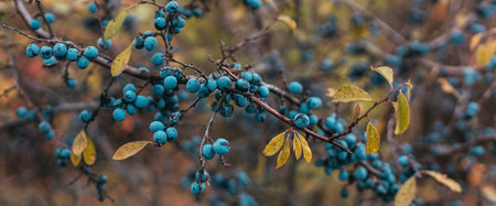 Ripe sloe berries with green leaves on bush branches in the autumn