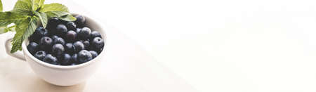 Ripe blueberry and green leaves in white cup on a light backgroundの写真素材