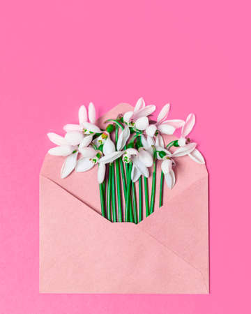 Opened craft paper envelope with spring blossom flowers on a pink background. Flat lay, top view.の写真素材