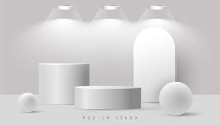 Minimal abstract mock up scene with podium or platform, geometric bubble shapes and spotlight from above on gray background. Minimal scene with geometrical forms for product presentation. Vector illustrationのイラスト素材
