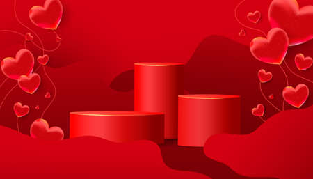 Valentines Day greeting card with love shapes on red background. Paper cut background 3d illustration with red realistic podium, show stand for advertising brand products. Minimal sceneのイラスト素材