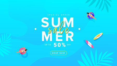 Trendy colorful summer sale banner design background with beach accessories, tropical palm on bright...