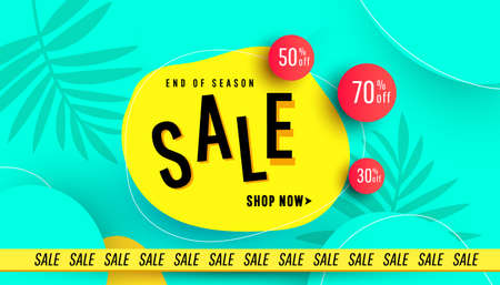Summer sale banner with tropical leaves background for seasonal offer, promotion, advertising.のイラスト素材
