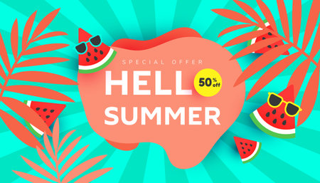 Hello summer sale banner design with tropical leaves, ripe watermelon slices on striped green...