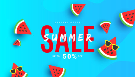 Bright summer discount sale banner background with ripe watermelon slices pattern on blue background with copy space for store marketing promotion.のイラスト素材