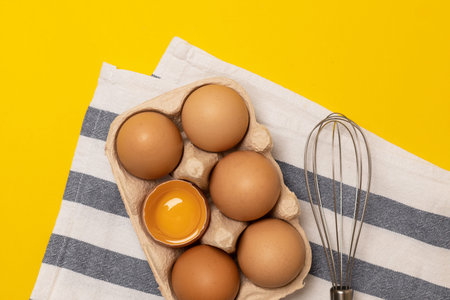 Whisk or egg beater with brown chicken eggs in a eco basket on yellow background.