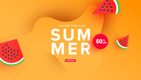 Hello summer sale banner design with tropical leaves and ripe watermelon slices on yellow background...