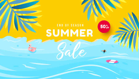 Summer sale design with flat lay tropical beach, tropical leaves and bubble forms for flyer, invitation, poster, website or greeting card.のイラスト素材