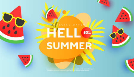 Creative Summer sale banner in trendy style with tropical leaves on minimal background. Flying ripe watermelon slices in the air.のイラスト素材