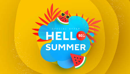 Hello Summer sale vector illustration with tropical leaves, ripe watermelon slices pattern background. Promotion banner for website, flyer and poster.のイラスト素材