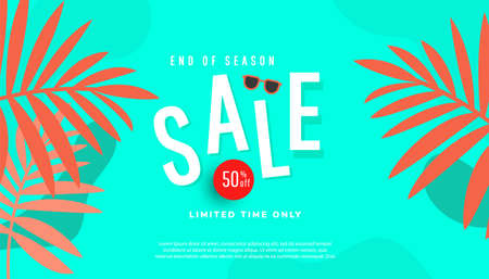 Summer sale banner with fluid bubble shapes and tropical leaves on mint background with space for ad textのイラスト素材