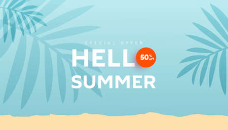 Summer sale banner with fluid bubble shapes and tropical leaves on mint background with space for ad textのイラスト素材
