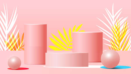 Podium, platform for brand promotion with tropical leaves on pink background. Vector illustrationのイラスト素材
