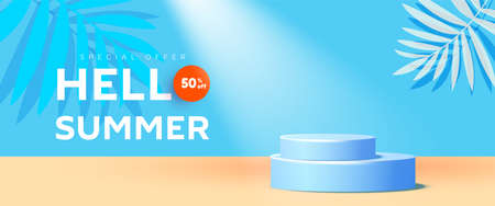 Hello summer sale horizontal banner in trendy bright color with podium or platform, geometric bubble shapes. Vector illustrationのイラスト素材