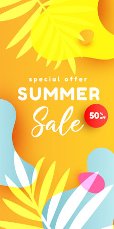 Vertical Summer sale editable template banner with fluid liquid elements, tropical leaves, watermelon slices on yellow background for greeting card, poster and advertisingのイラスト素材