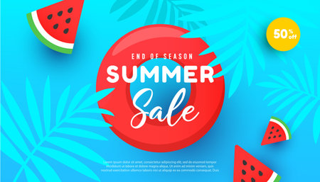 Summer sale vector illustration with tropical leaves, watermelon slices pattern background.