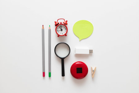 Back To School. Colorful school supplies for education study on a white banner background. Flat lay...