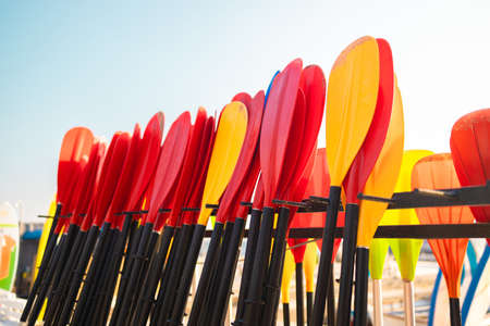 Plastic yellow red colored paddles for paddle board SUP in storage on the beach against a sky backgroundの写真素材