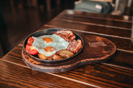 Fried eggs with bacon, tomatoes and toasts on plate on wooden table in a cafe. English breakfastの写真素材