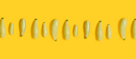Fresh organic vegetable marrow on a yellow color background, top view with space for textの写真素材
