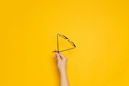 Hands hold stylish creative glasses for vision on yellow background. Eyesight optician conceptの写真素材