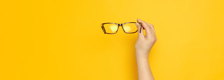 Hands hold stylish creative black eyeglasses on yellow background. Vision, business and education...