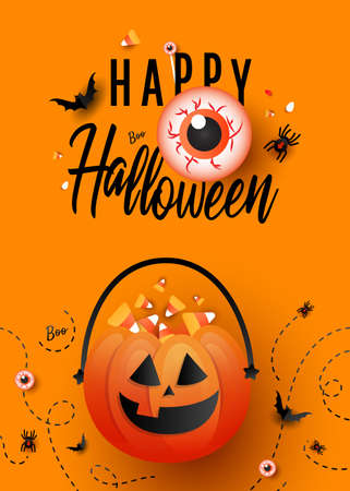 Trendy art Happy Halloween template poster with orange trick or treat pumpkin and color candy, bats, spider and creative hand draw text on orange background. Flat lay, top view with copy spaceのイラスト素材