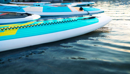 Stand up SUP paddle board on lake or sea with blue water lilies, paddling in summer time at sunset....