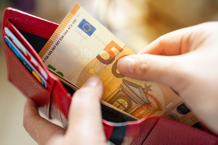 Person taking out euro money from her pocket wallet. Counting money, economy concept, money...