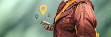 Woman using smart phone with map gps navigation application on screen when traveling at city streetの写真素材