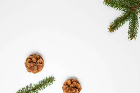 Christmas composition. Pine cones with nature evergreen fir sprigs on a white background. Christmas, winter, new year concept. Flat lay, top viewの写真素材