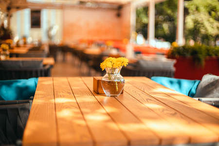 Cozy cafe terrace with wooden table, chair and yellow flowers in a glass vase in summerの写真素材