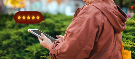 Excellent. Person using mobile phone with icon five star symbol to increase rating of company,...