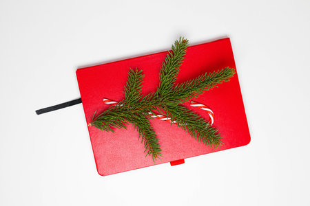 Red wish notebook with christmas new year decor and Christmas tree branches on a white backgroundの写真素材